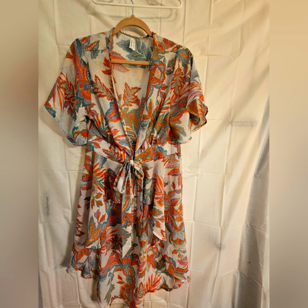 Floral Wrap Dress with Tie Waist/ Swimsuit Coverup.  Sheer